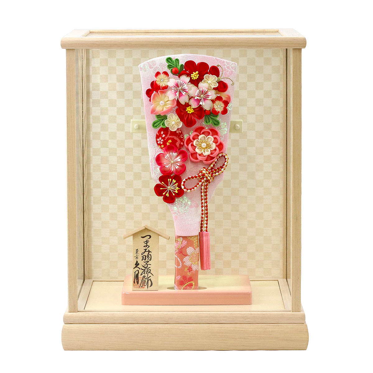 久月 羽子板 お祝い 初正月 9号 つまみ細工 羽子板 桃赤花 ホワイト