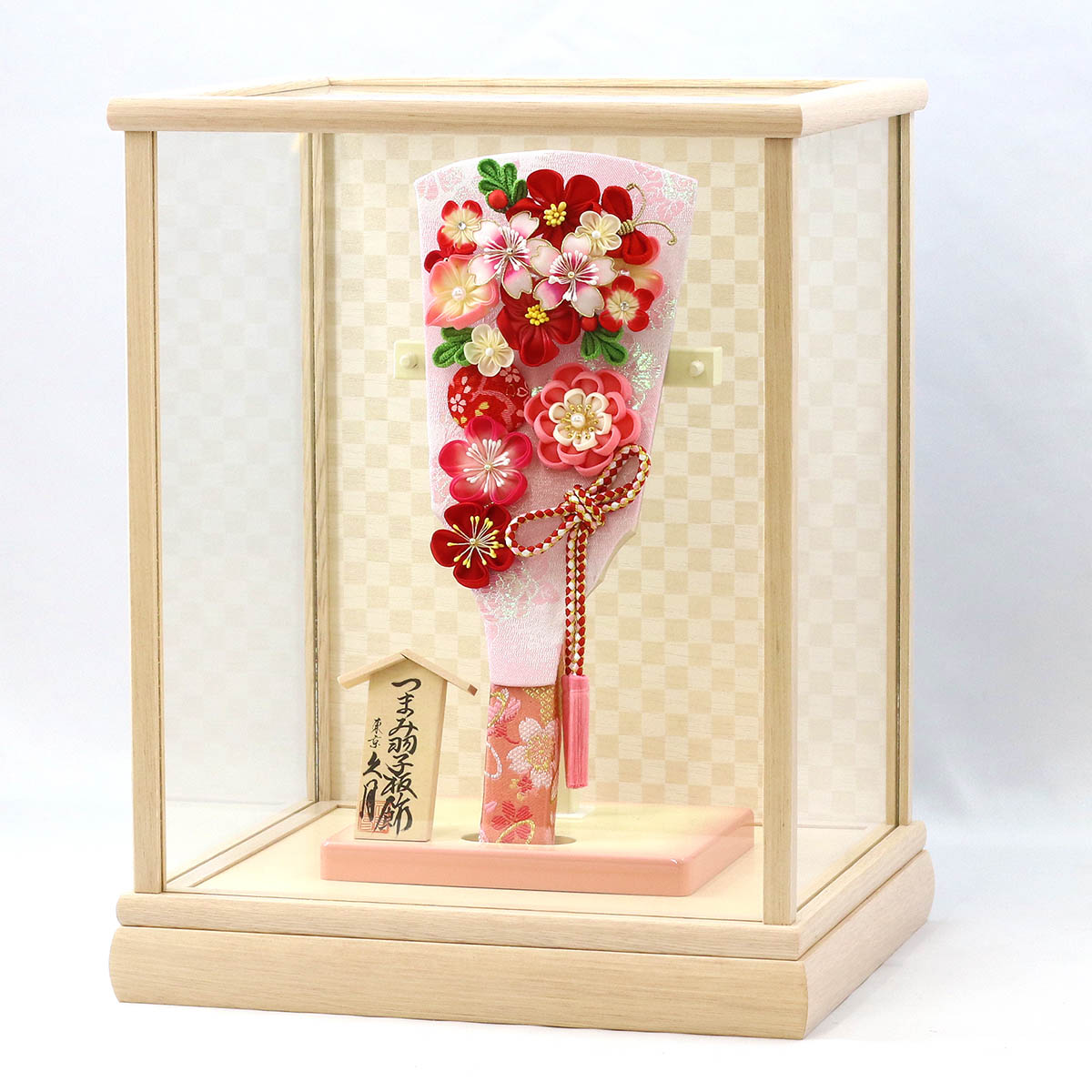 久月 羽子板 お祝い 初正月 9号 つまみ細工 羽子板 桃赤花 ホワイト