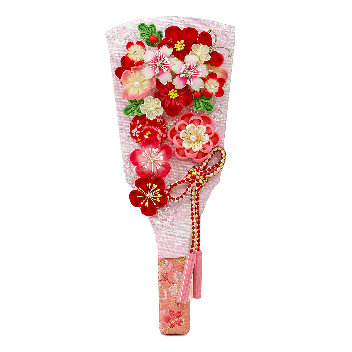 久月 羽子板 お祝い 初正月 9号 つまみ細工 羽子板 桃赤花 ホワイト