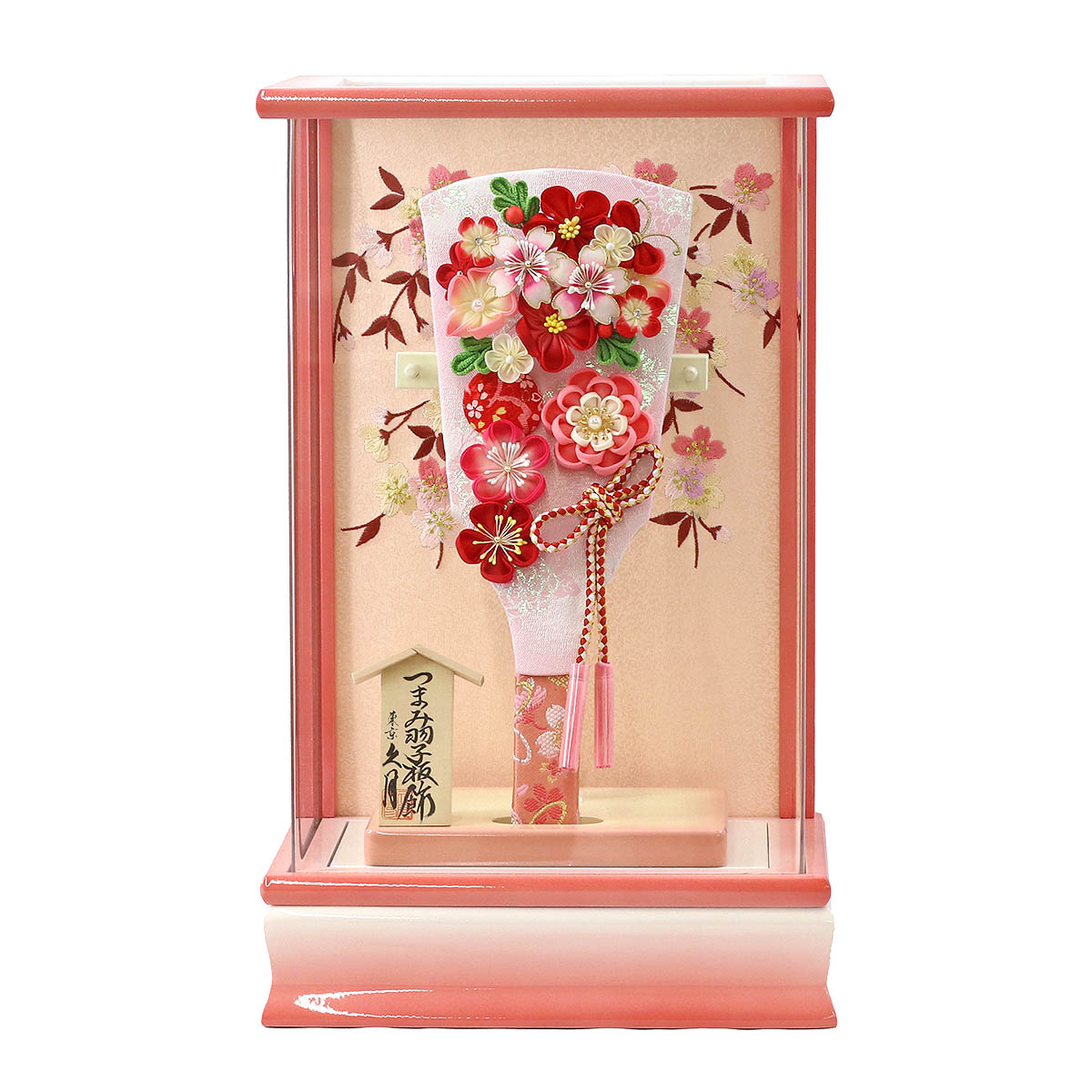 久月 羽子板 お祝い 初正月 9号 つまみ細工 羽子板 桃赤花 パール白