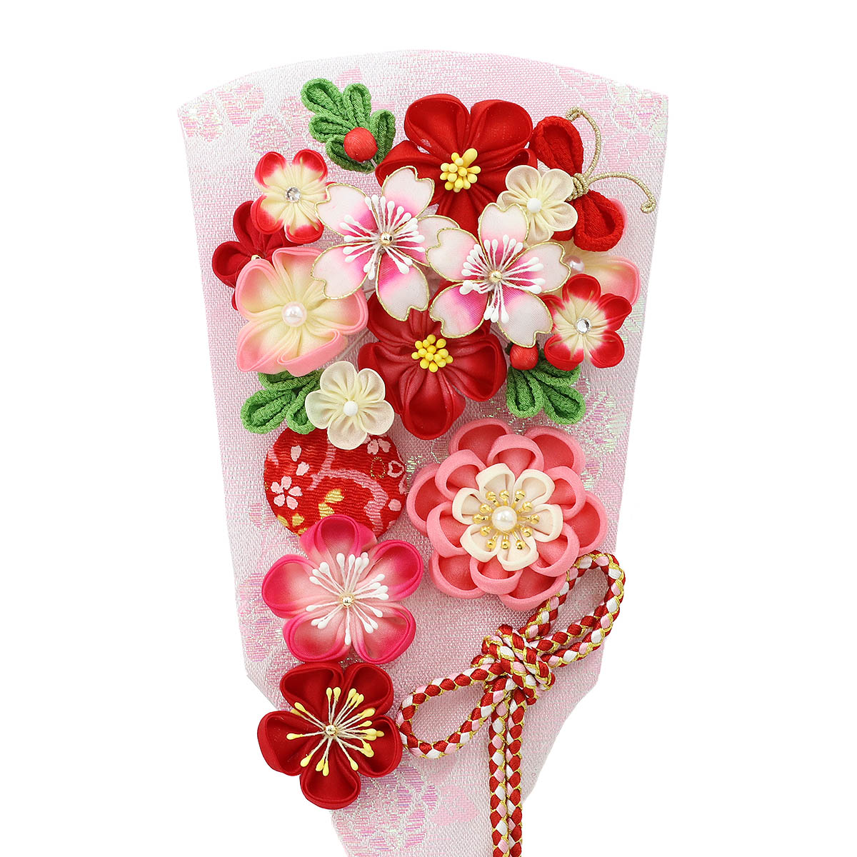 久月 羽子板 お祝い 初正月 9号 つまみ細工 羽子板 桃赤花 パール白