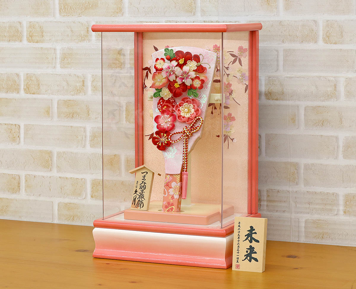 久月 羽子板 お祝い 初正月 9号 つまみ細工 羽子板 桃赤花 パール白