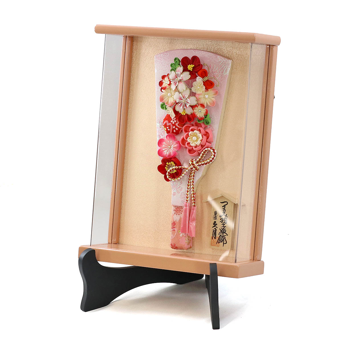 久月 羽子板 お祝い 初正月 9号 つまみ細工 羽子板 桃赤花 壁掛け 額