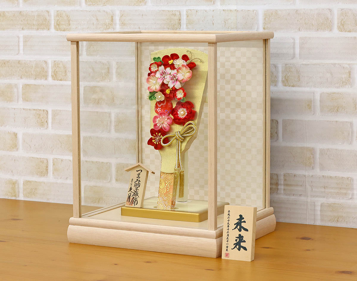 久月 羽子板 お祝い 初正月 9号 つまみ細工 羽子板 金赤花 ホワイト