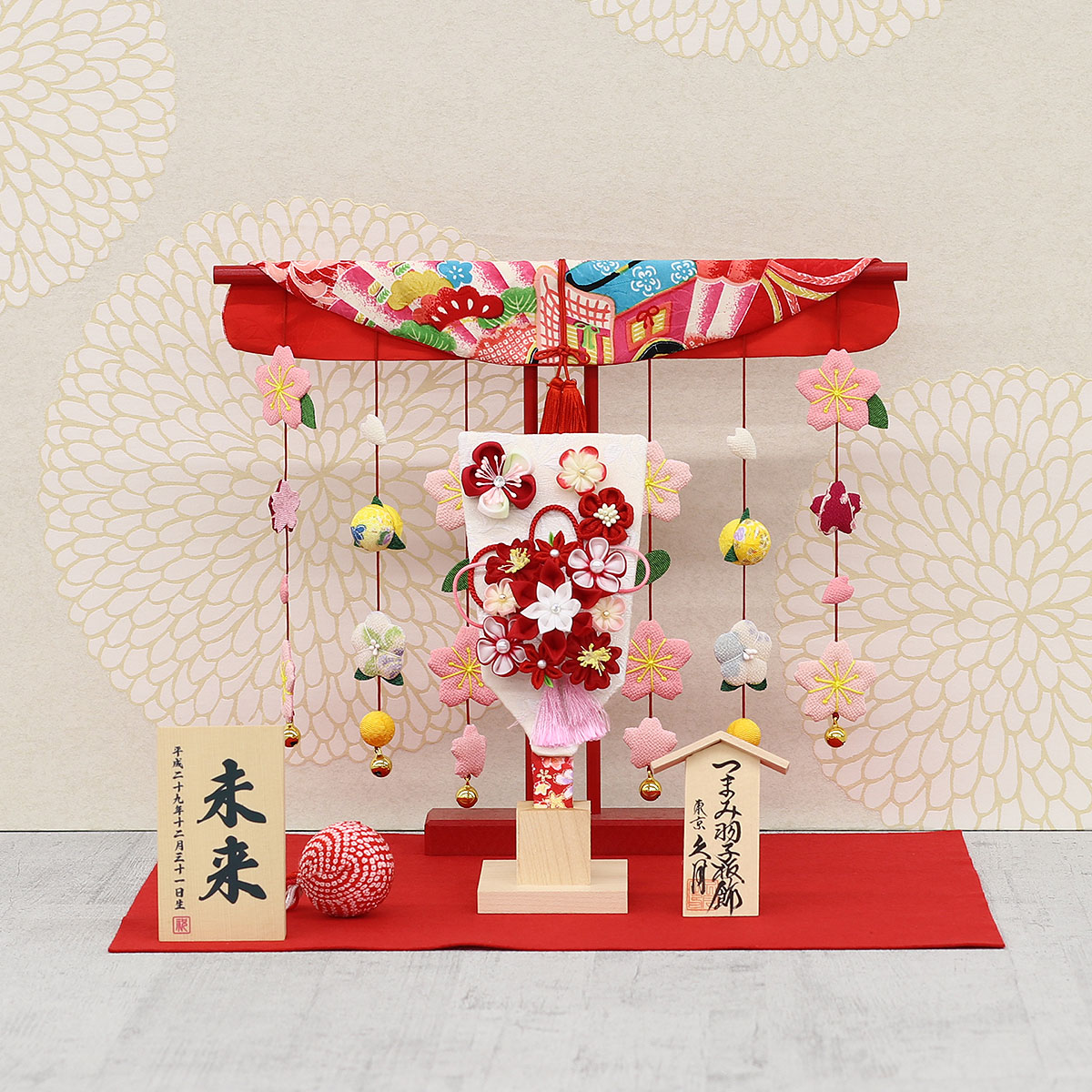 久月 羽子板 お祝い 初正月 6号 つまみ細工 羽子板 赤 花満開桜橘几帳