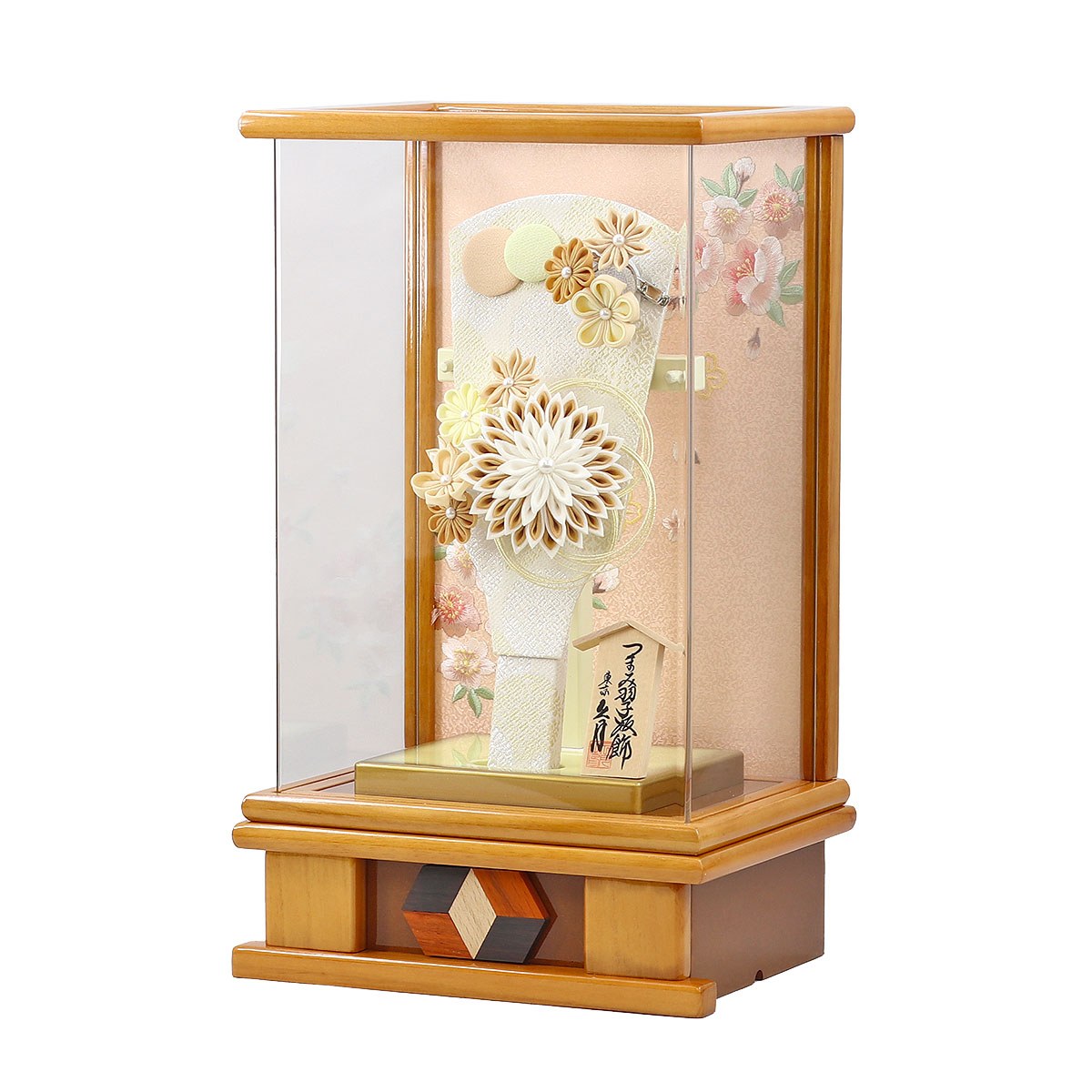 久月 羽子板 お祝い 初正月 9号 つまみ細工 髪飾り付き 茶 杏 木目