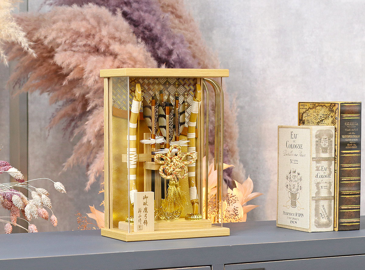 破魔弓 幹山 コンパクト ミニ 壁掛け 額飾り 絃 白木 寄木細工 金