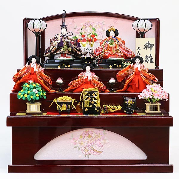 雛人形 三段 収納 3段 容花 ワイン塗り収納飾り 五人揃い （引き出し式収納箱）｜marutomi-a