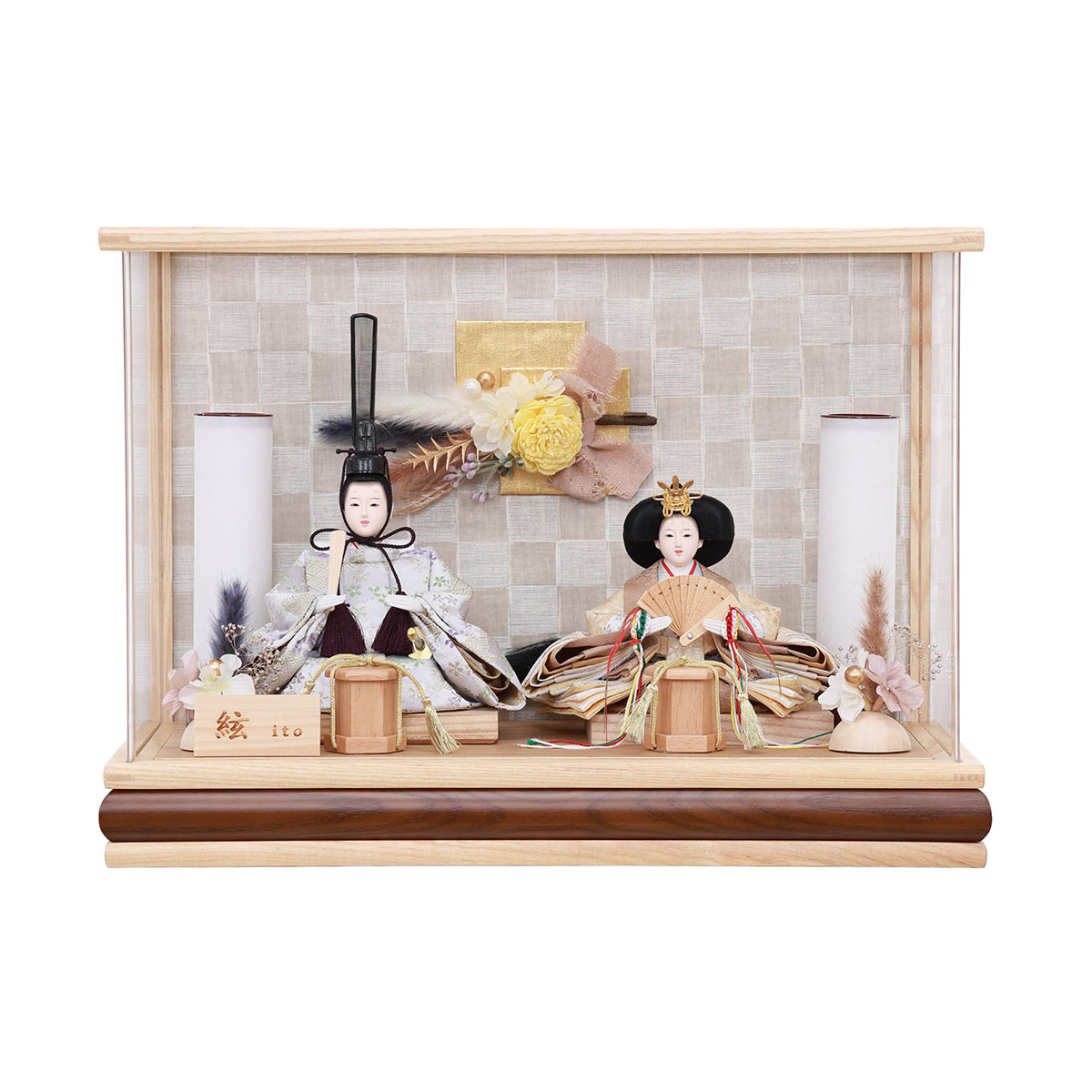 雛人形 ケース飾り 絃 ito 小芥子親王 アレンジフラワー 白木 木目
