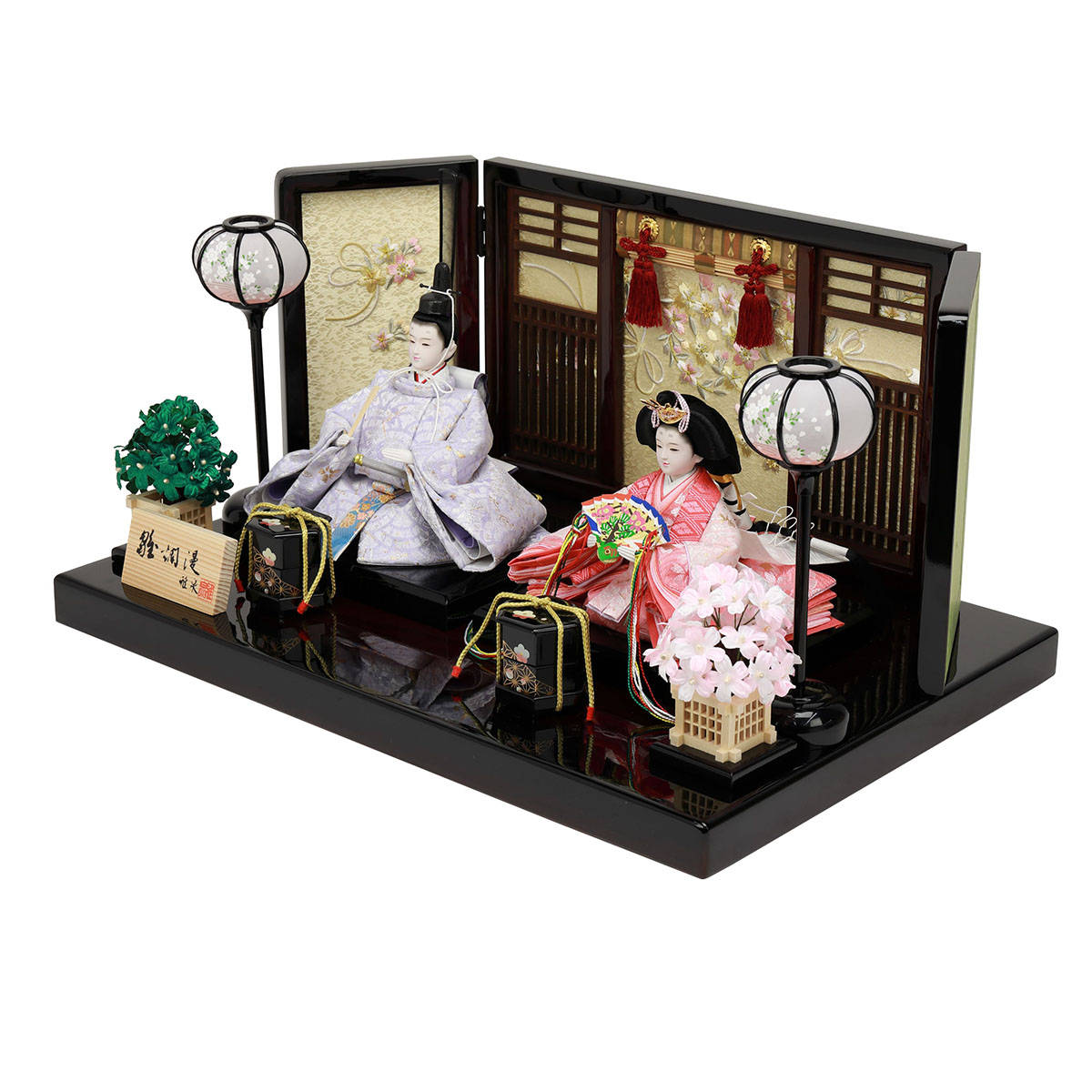 雛人形 親王飾り 雅泉作 衣裳着 芥子親王 三曲 リボン桜屏風 塗桐ワインボカシ飾り台 平飾り_3