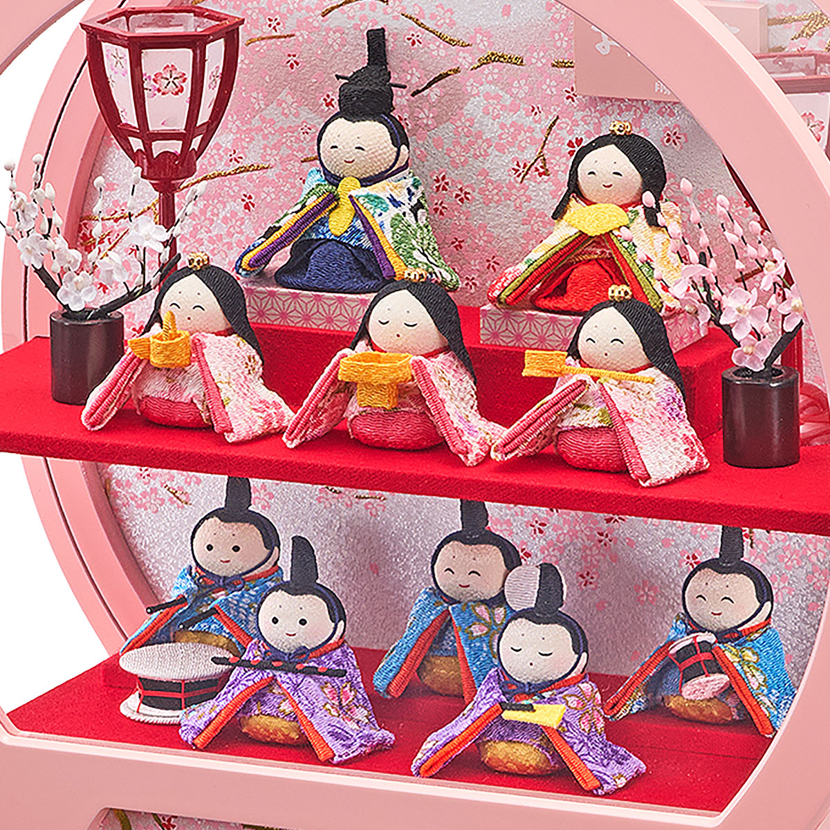 雛人形 ケース飾り 舞あそび 桃 わらべ十人飾り 手鏡型 アクリルケース