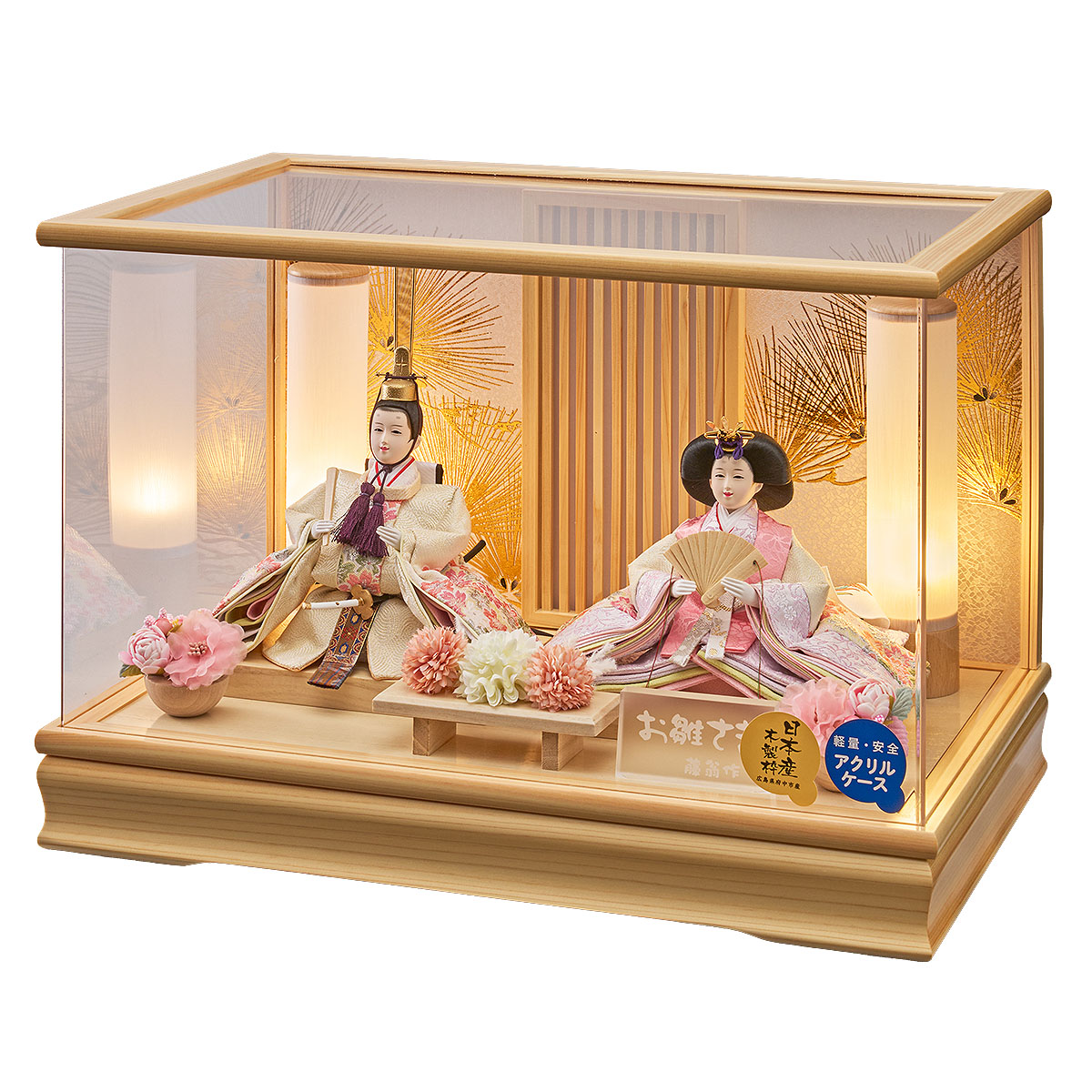 雛人形 ケース飾り まひろ 小三五親王飾り 白木 木目 桧 格子 アクリル