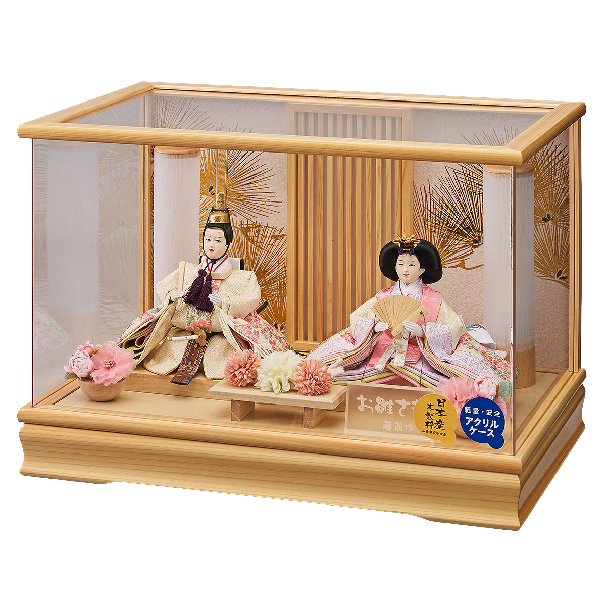 雛人形 ケース飾り まひろ 小三五親王飾り 白木 木目 桧 格子 アクリル