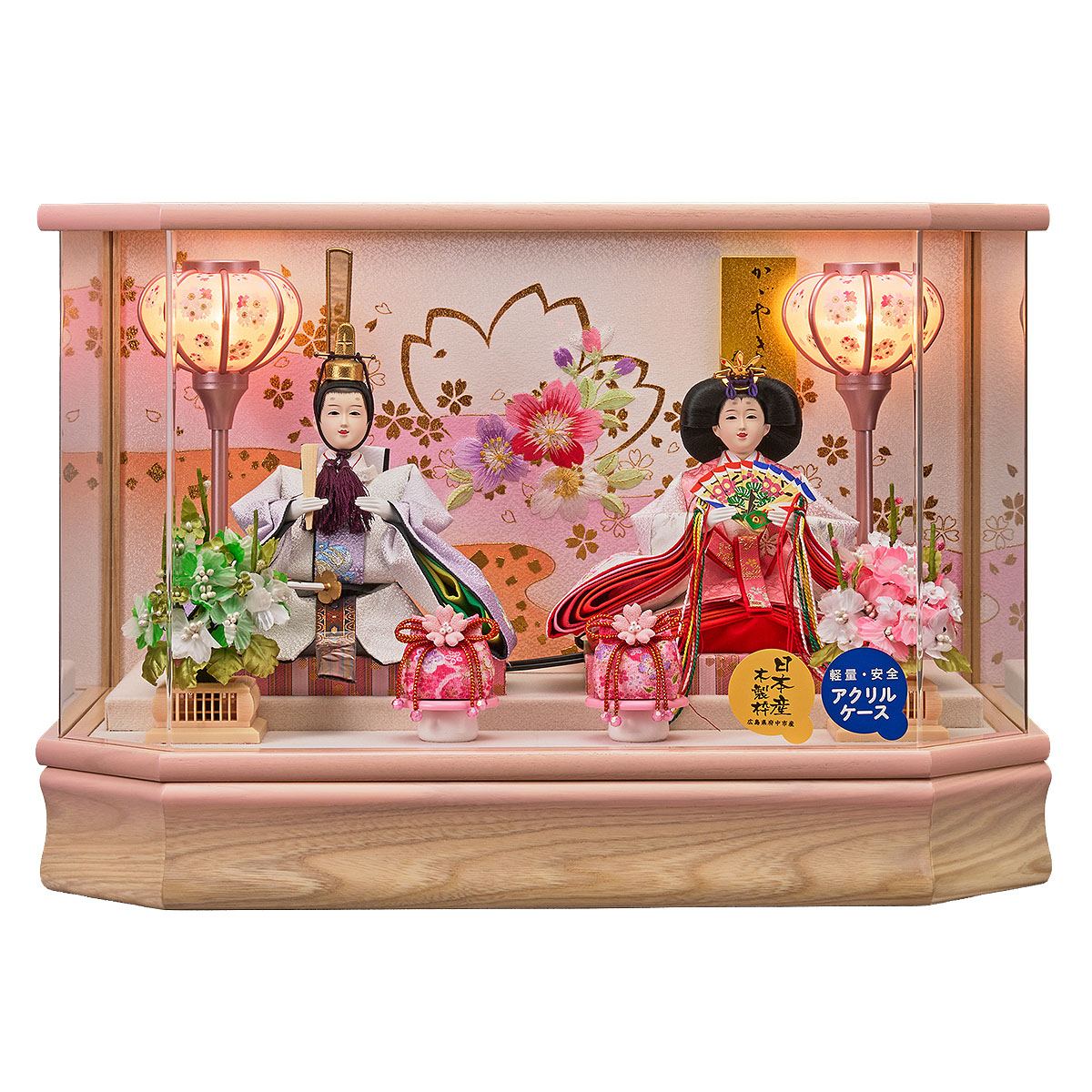 雛人形 ケース飾り ゆきな 小三五親王飾り 白木 木目 六角 ホワイト