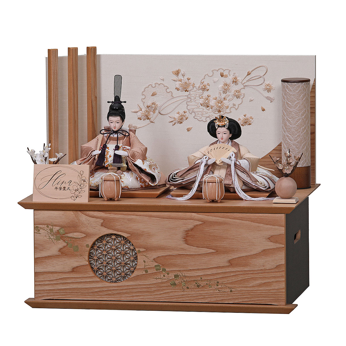 雛人形 収納飾り えま 小芥子親王 白木 麻の葉LED灯付収納箱