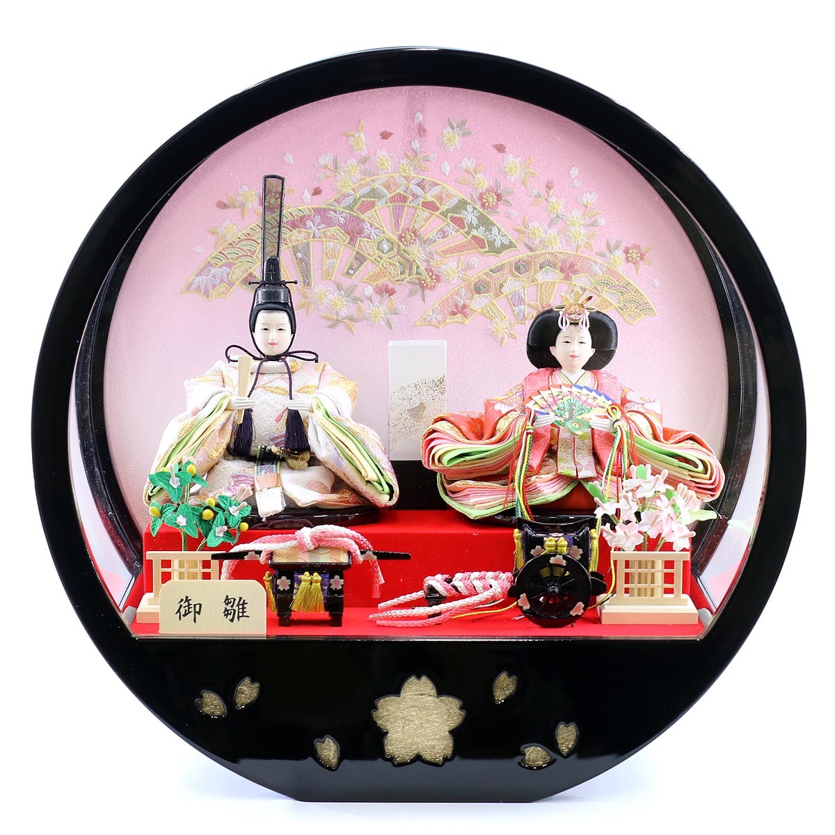 雛人形 ケース飾り 円形 丸型 黒塗り アクリルケース 親王飾り