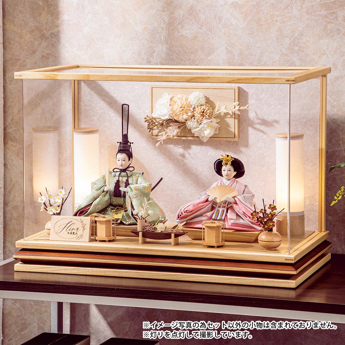 雛人形 ケース飾り セシル 芥子親王 アートフラワー 木目 アクリル
