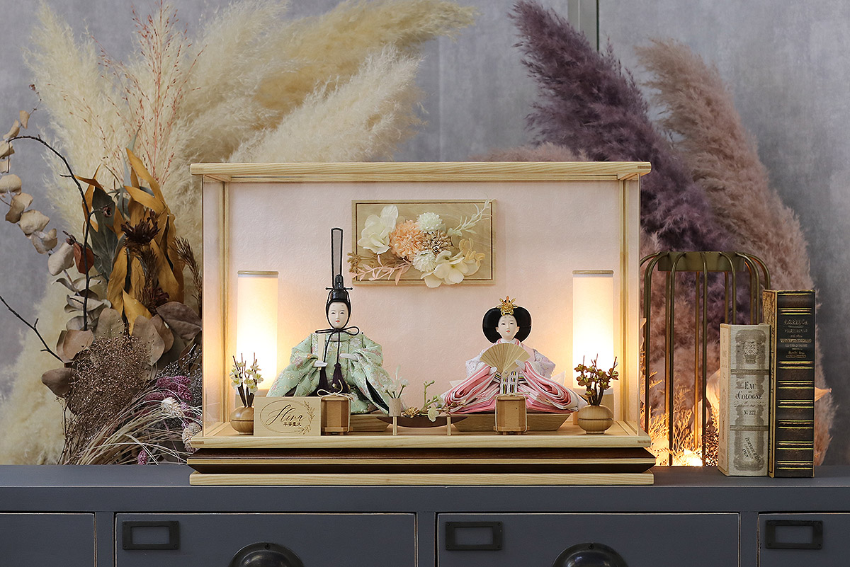 雛人形 ケース飾り セシル 芥子親王 アートフラワー 木目 アクリル