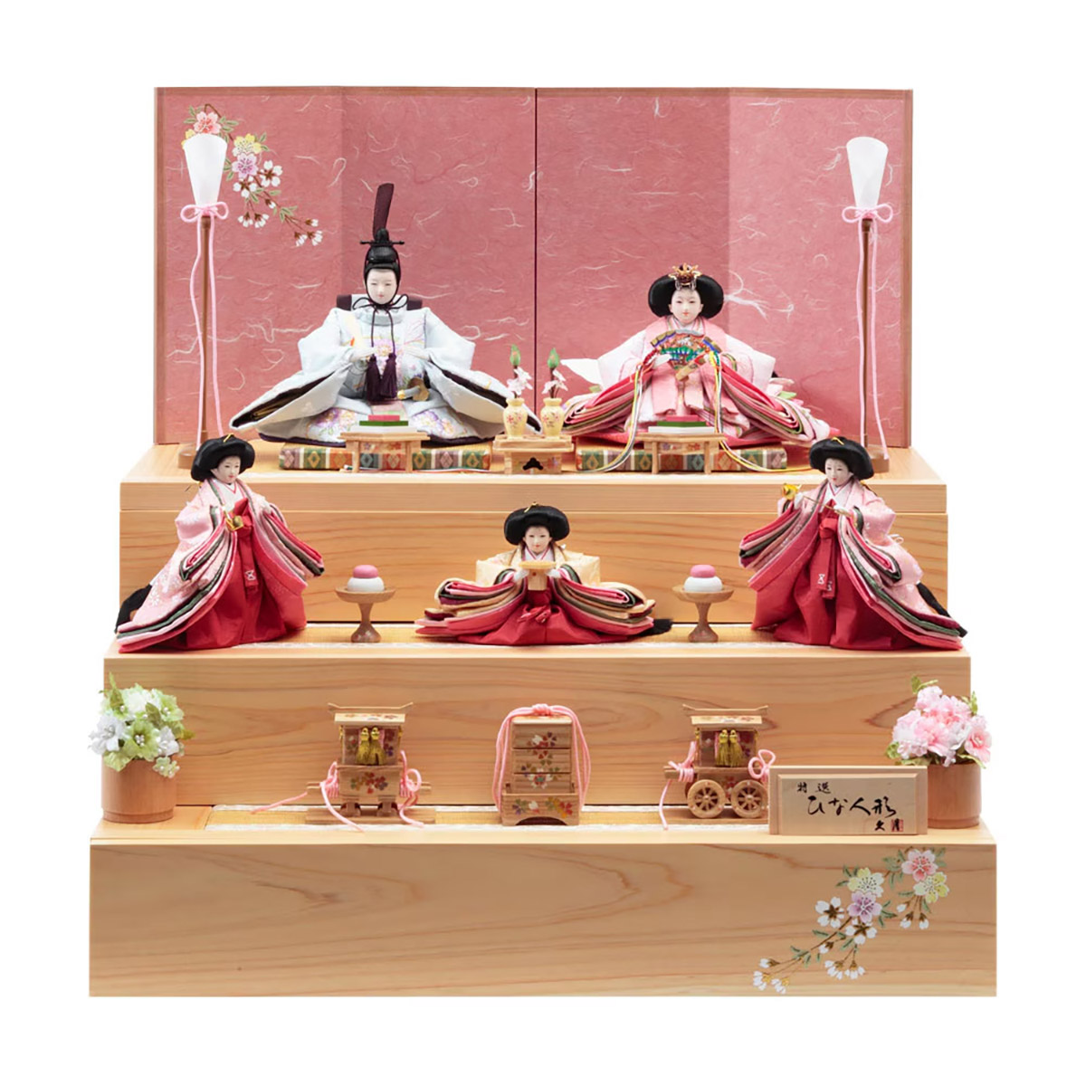 雛人形 三段収納飾り 銘木 檜 刺繍 衣裳着 芥子親王 柳官女 五人飾り