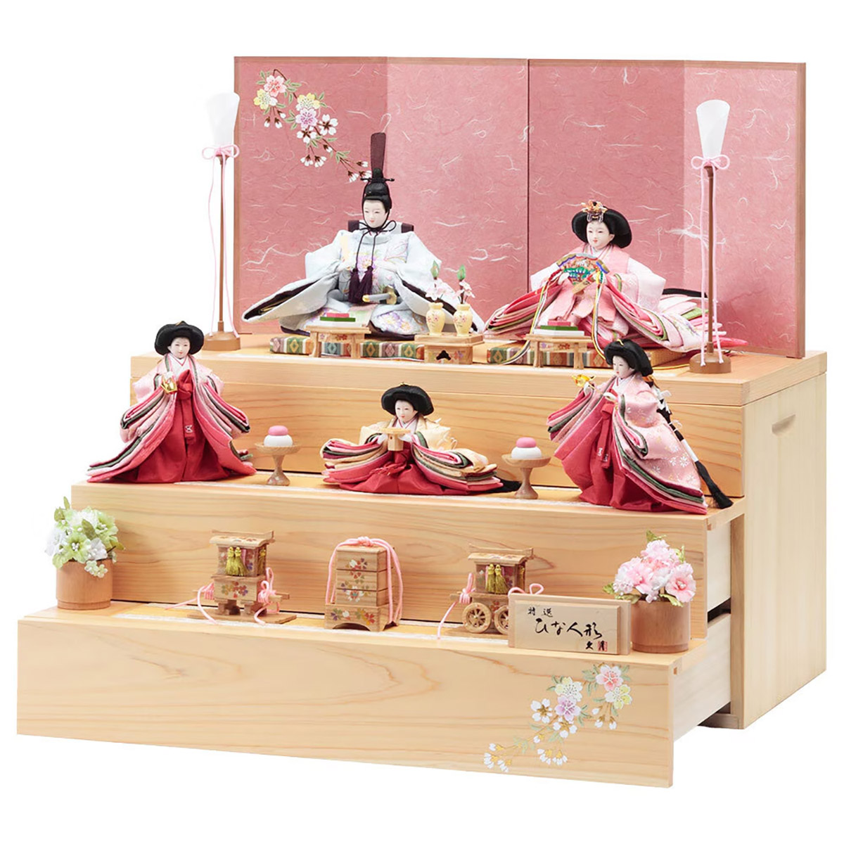 雛人形 三段収納飾り 銘木 檜 刺繍 衣裳着 芥子親王 柳官女 五人飾り