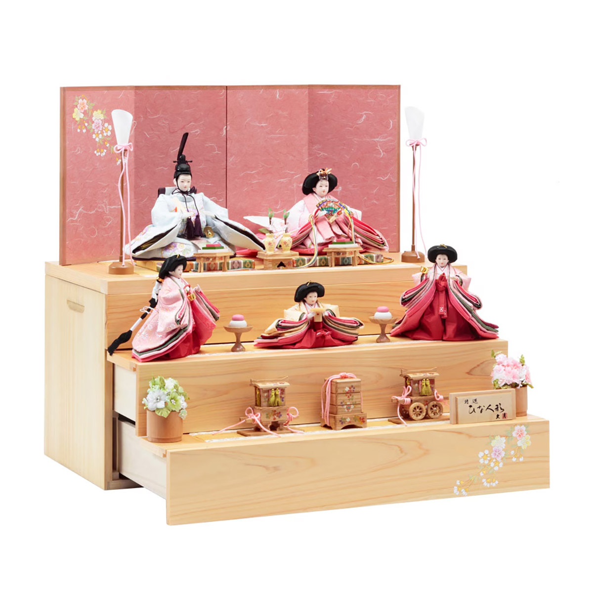 雛人形 三段収納飾り 銘木 檜 刺繍 衣裳着 芥子親王 柳官女 五人飾り