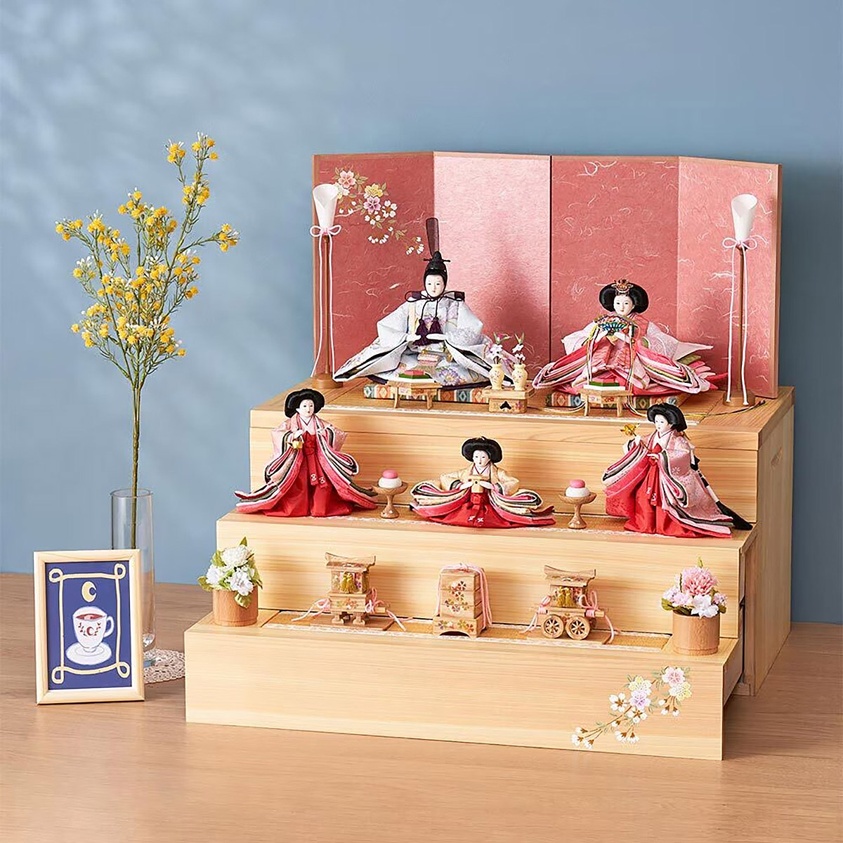 雛人形 三段収納飾り 銘木 檜 刺繍 衣裳着 芥子親王 柳官女 五人飾り