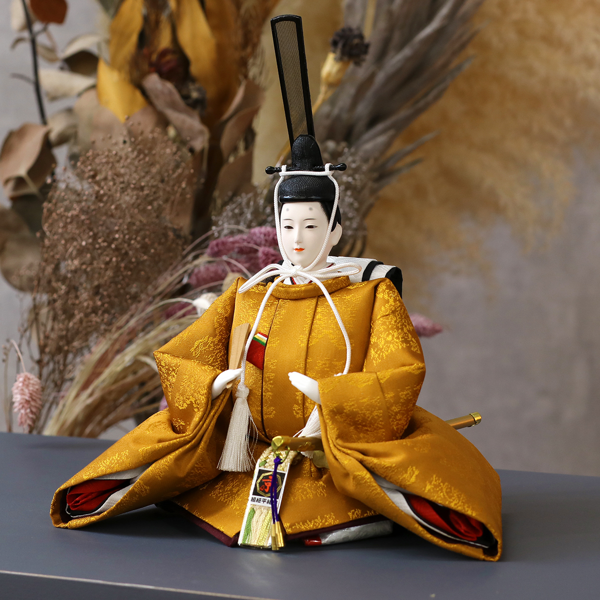 雛人形　親王飾り　黄櫨染 雛人形 親王飾り 光園作 正絹有職 黄櫨染 衣裳着 小三五親王 平飾り 久