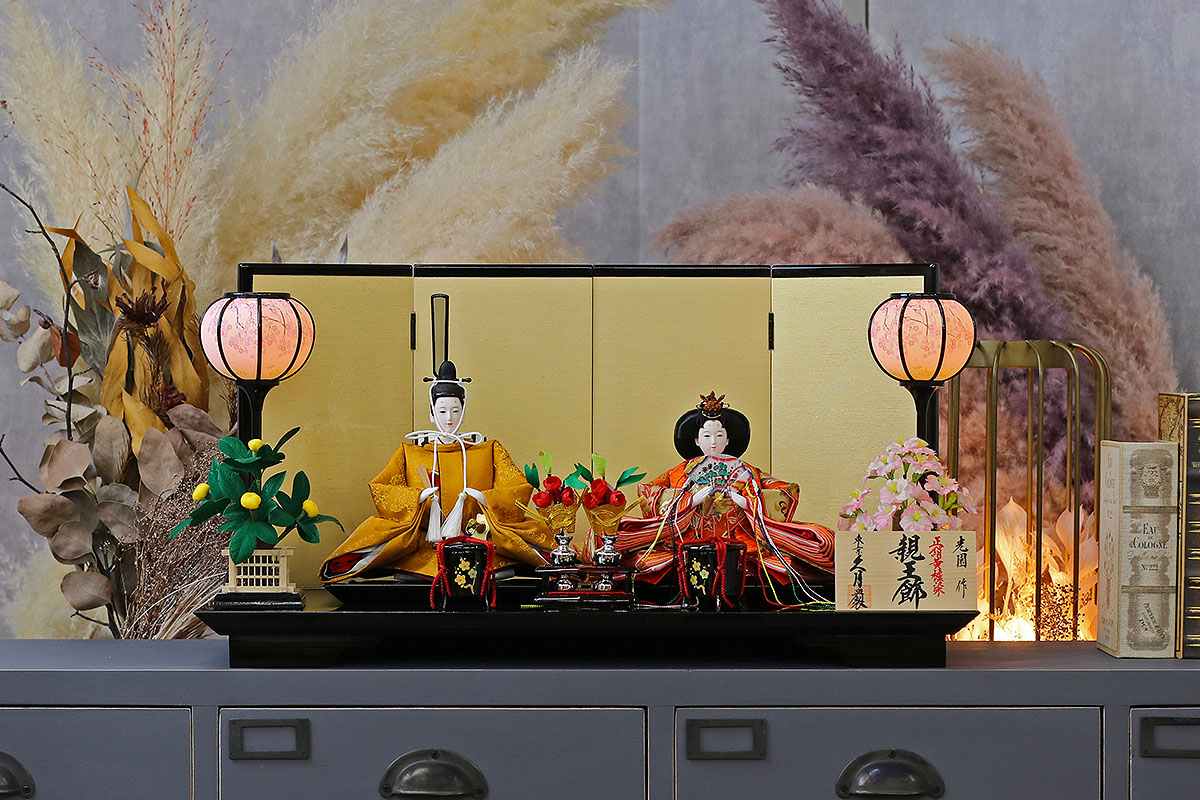 雛人形 親王飾り 光園作 正絹有職 黄櫨染 衣裳着 小三五親王 平飾り 久