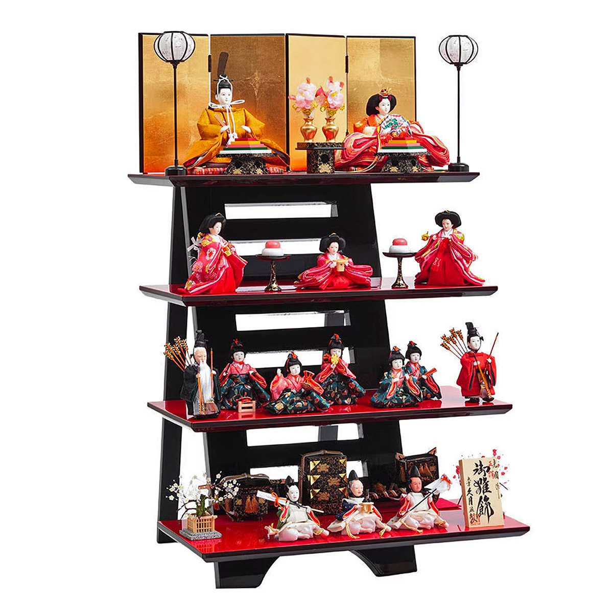 雛人形 四段飾り 正絹有職 黄櫨染 衣裳着 芥子親王 二寸官女 棚式四