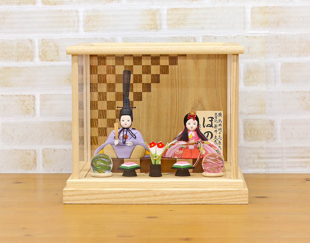 雛人形 木目込み飾り 久月作 ほのか 小春雛 薄紫色 親王飾り 白木 市松文様