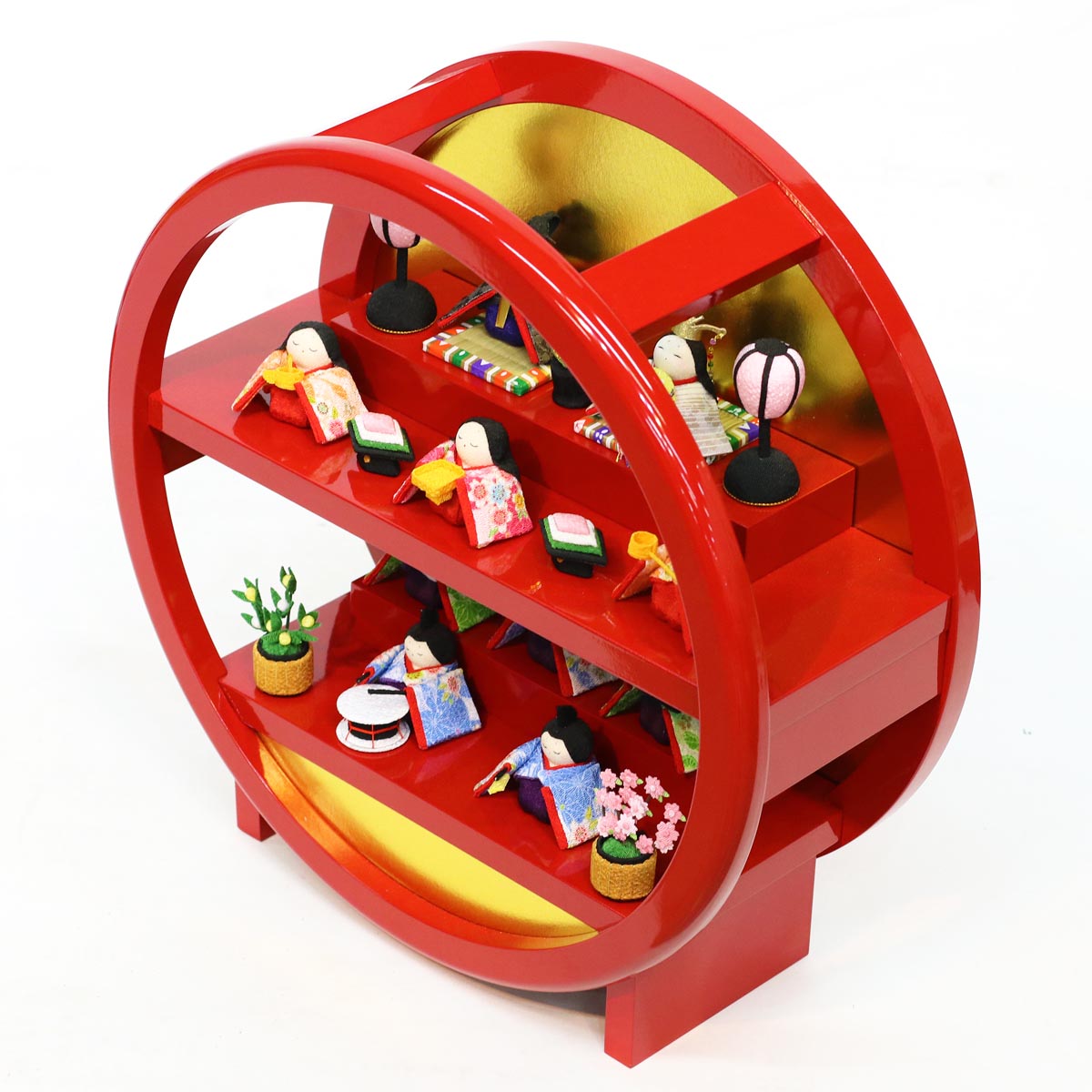 雛人形 ちりめん雛 わらべ雛 10人揃い 赤塗り 木製 円形台飾り 毛せん