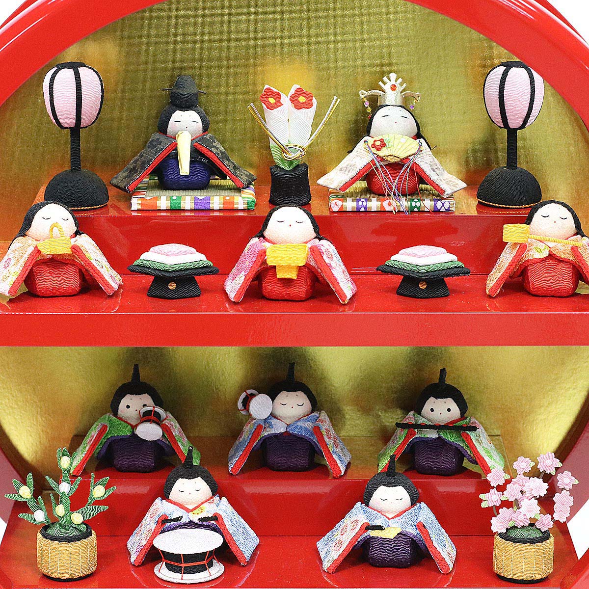 雛人形 ちりめん雛 わらべ雛 10人揃い 赤塗り 木製 円形台飾り 毛せん