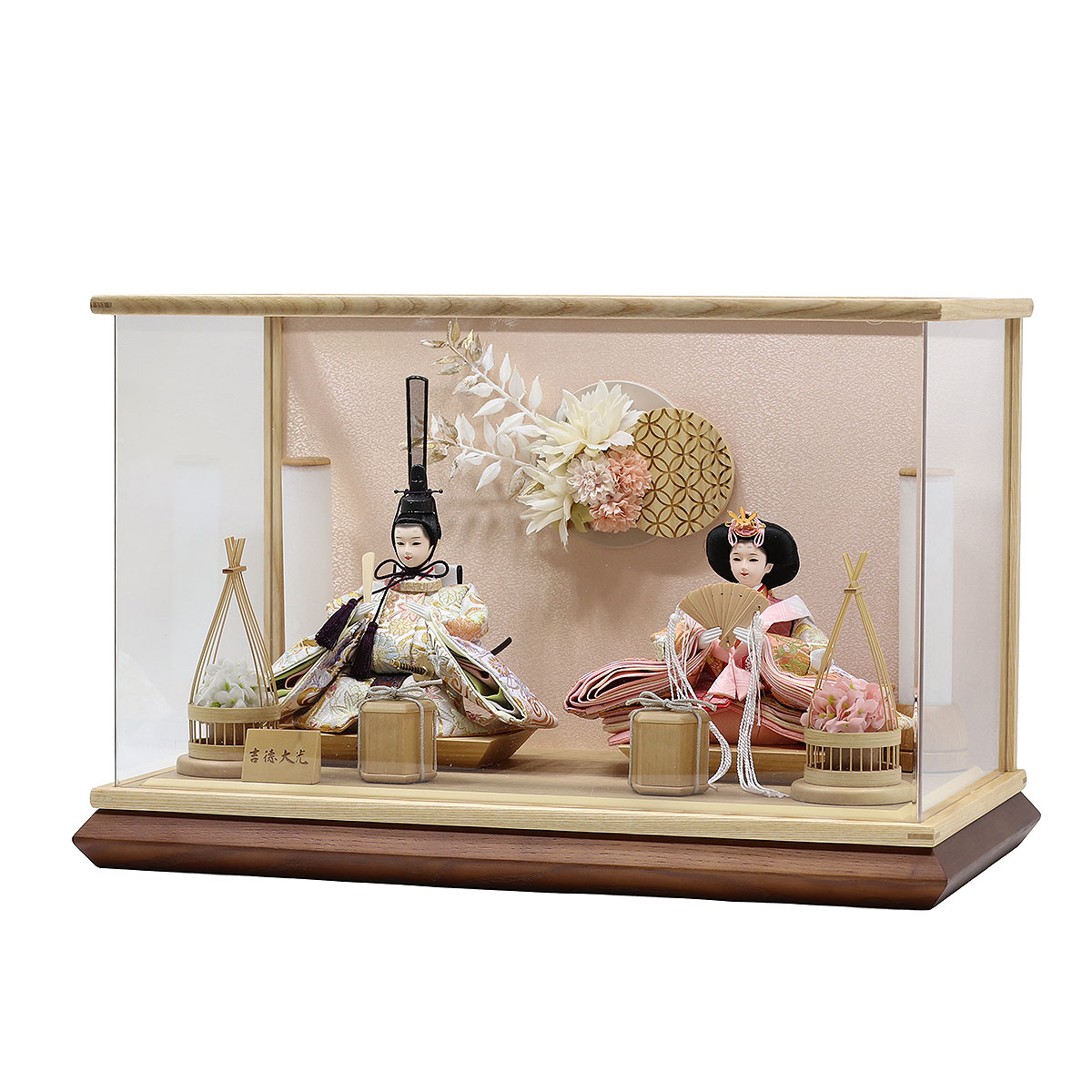 雛人形 ケース飾り 白木 木目 花飾り アクリルケース入り 親王飾り