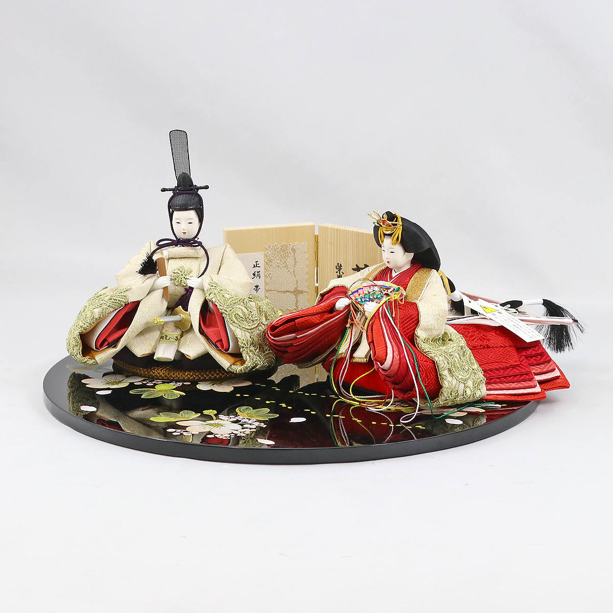 雛人形 親王飾りほぼ新品！吉兆雛 柴田家千代 花飾り 提灯付き 雛人形 親王飾り 柴田家千代作 柴田家千代 葵 正絹帯地にレース