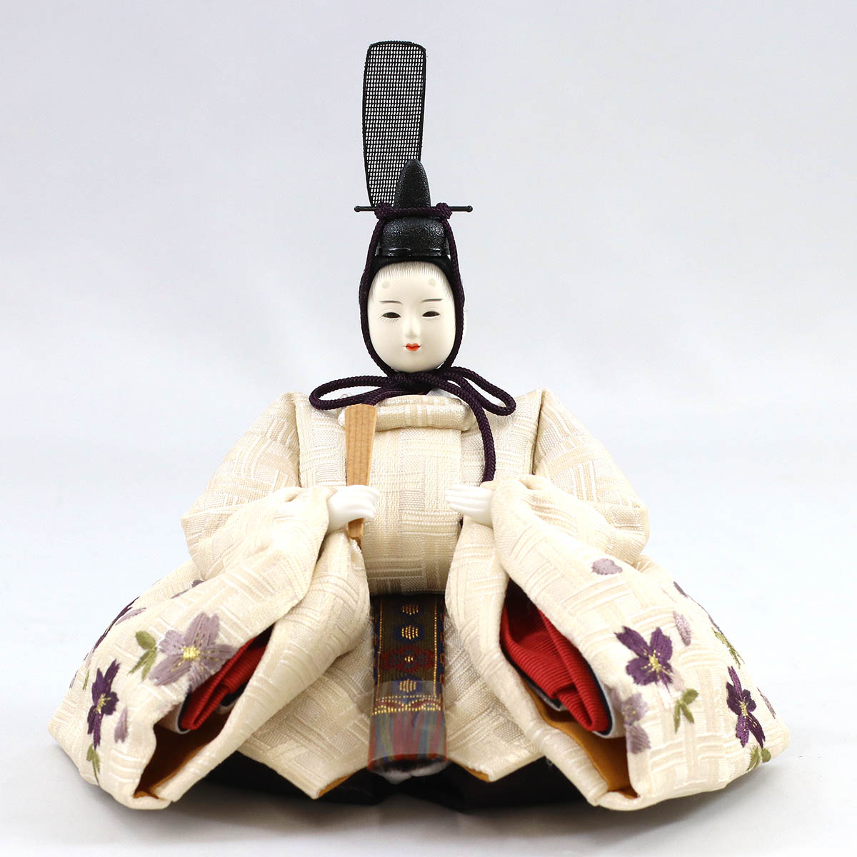 雛人形 親王飾り 柴田家千代作 柴田家千代 葵 算崩地紋 刺繍桜ちらし 白紫 柳親王 裾長衣装着 三段ぼかし几帳 木製楕円形飾り台 平飾り