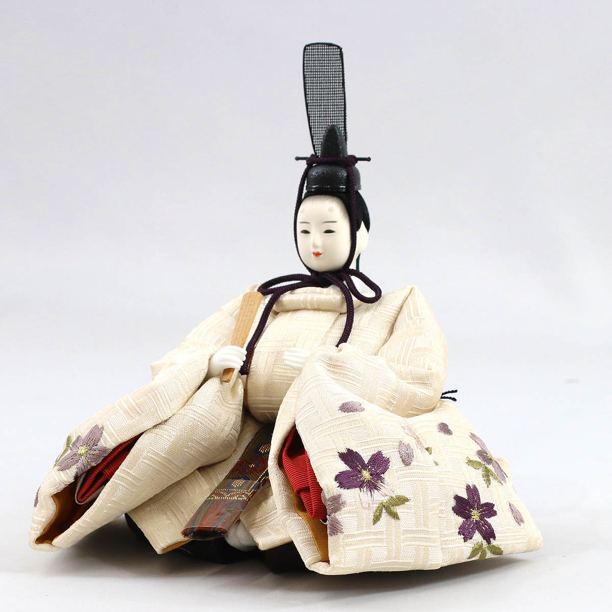 雛人形 親王飾り 柴田家千代作 柴田家千代 葵 算崩地紋 刺繍桜ちらし 白紫 柳親王 裾長衣装着 三段ぼかし几帳 木製楕円形飾り台 平飾り