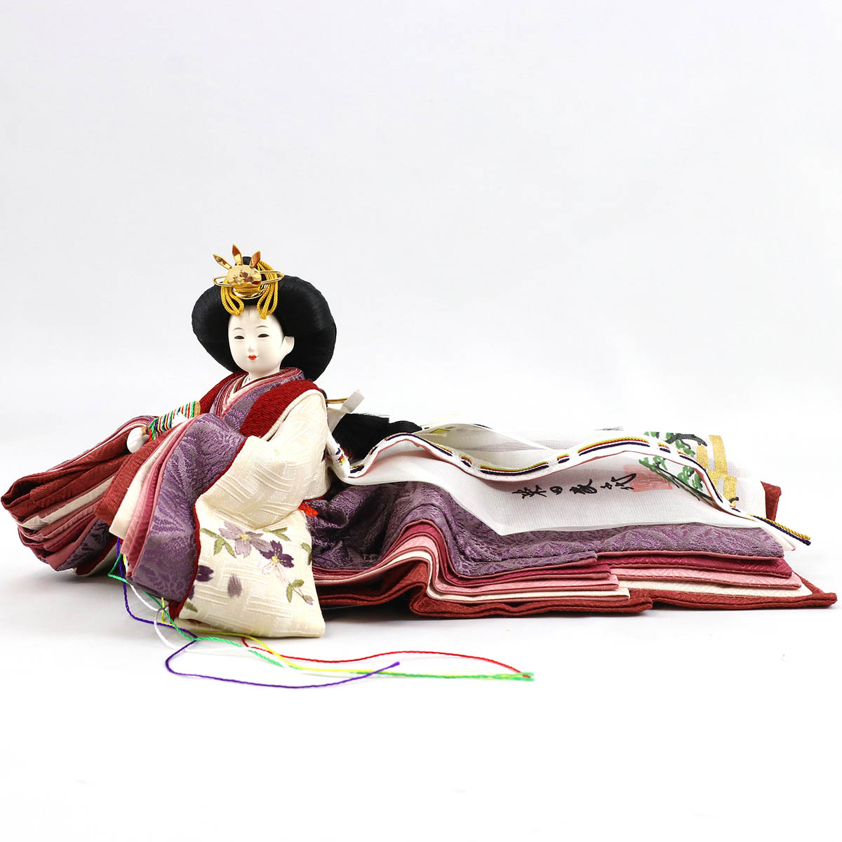 雛人形 親王飾り 柴田家千代作 柴田家千代 葵 算崩地紋 刺繍桜ちらし 白紫 柳親王 裾長衣装着 三段ぼかし几帳 木製楕円形飾り台 平飾り