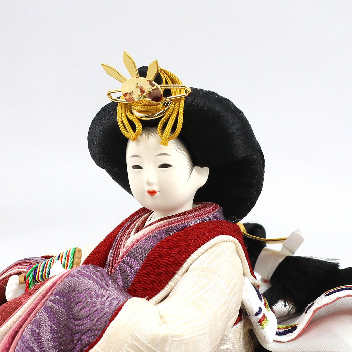 雛人形 親王飾り 柴田家千代作 柴田家千代 葵 算崩地紋 刺繍桜ちらし 白紫 柳親王 裾長衣装着 三段ぼかし几帳 木製楕円形飾り台 平飾り
