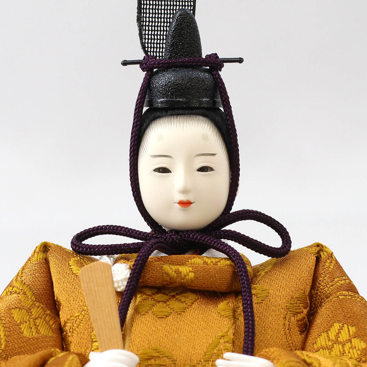 雛人形 親王飾り 柴田家千代作 柴田家千代 葵 黄櫨染 唐花文様 金茶/赤 柳親王 裾長衣装着 白色七宝文様屏風 木製飾り台 平飾り_9