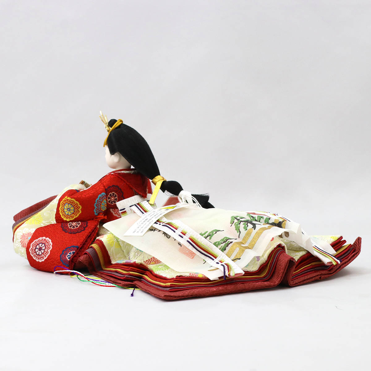 雛人形 親王飾り 柴田家千代作 葵 黄櫨染 唐花文様 金茶/赤 柳親王 裾長衣装着 紅白梅 扇面松文様屏風 タモ材 木製飾り台 平飾り_14