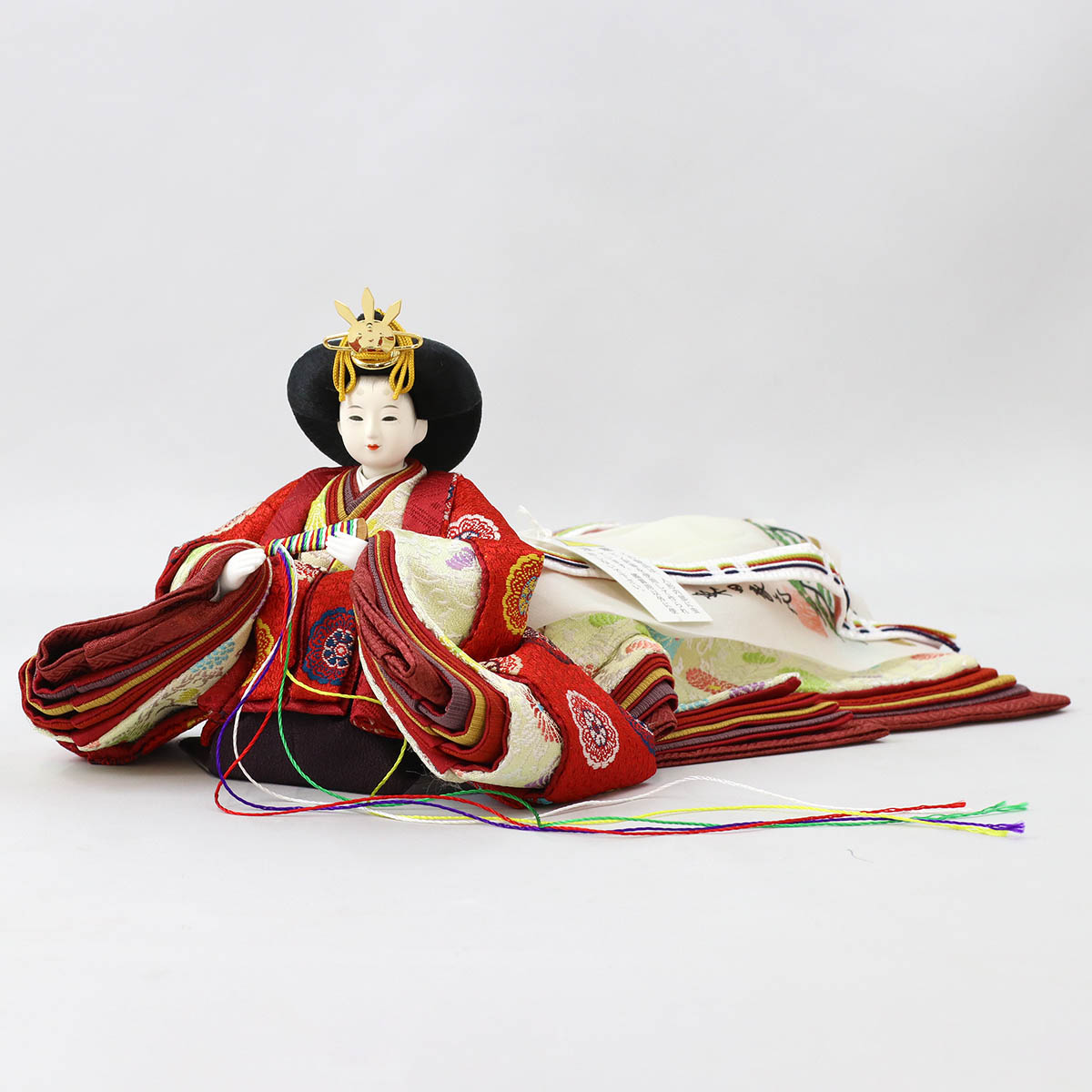雛人形 親王飾り 柴田家千代作 葵 黄櫨染 唐花文様 金茶/赤 柳親王 裾長衣装着 紅白梅 扇面松文様屏風 タモ材 木製飾り台 平飾り_7