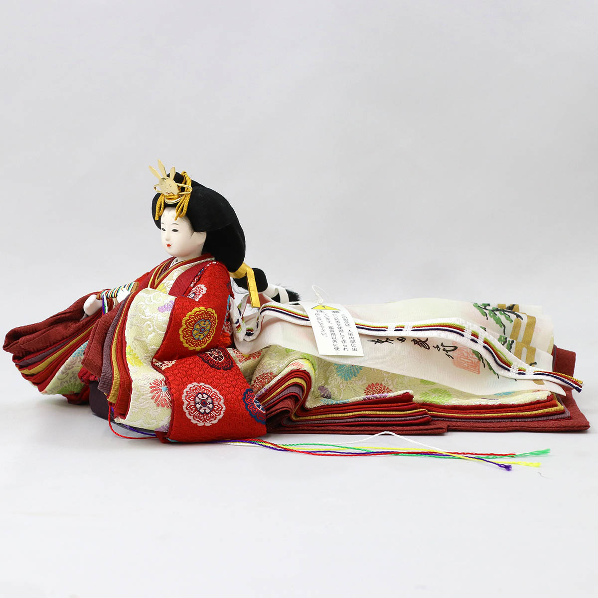 雛人形 親王飾り 柴田家千代作 葵 黄櫨染 唐花文様 金茶/赤 柳親王 裾長衣装着 紅白梅 扇面松文様屏風 タモ材 木製飾り台 平飾り_8