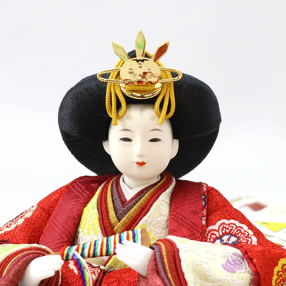 雛人形 親王飾り 柴田家千代作 葵 黄櫨染 唐花文様 金茶/赤 柳親王 裾長衣装着 紅白梅 扇面松文様屏風 タモ材 木製飾り台 平飾り_11