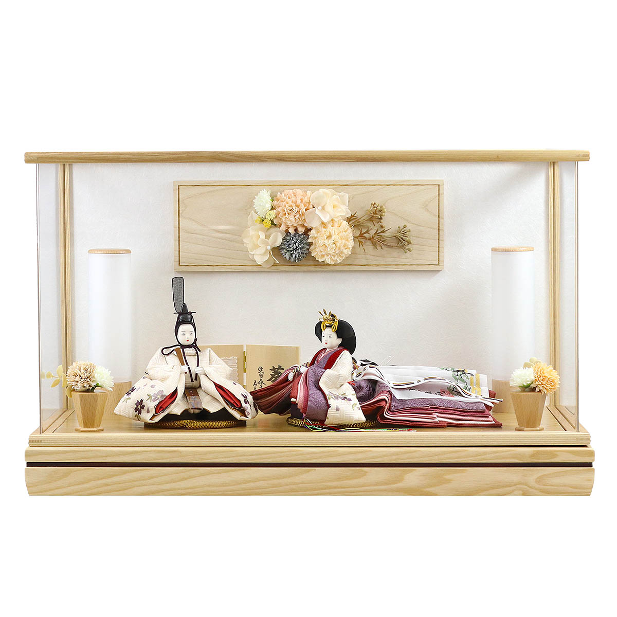 雛人形 ケース飾り 平安豊久作 みずほ 芥子親王 桜柄屏風 木目飾り台
