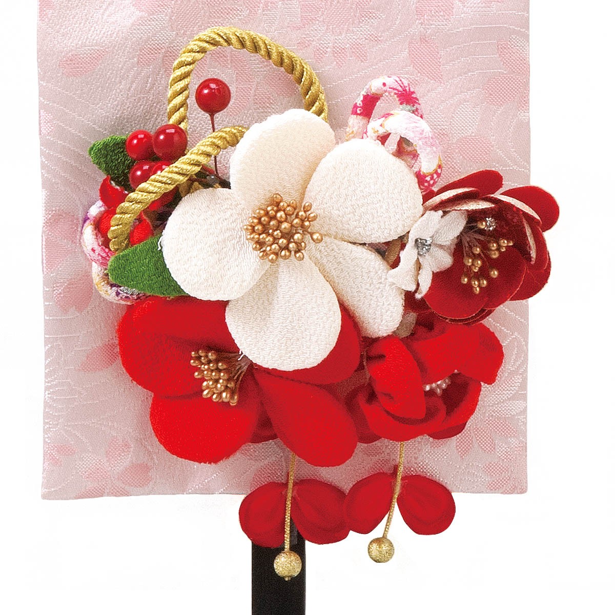 名前旗 立体刺繍髪飾り付き名前旗 つまみかんざし 台付セット 刺繍