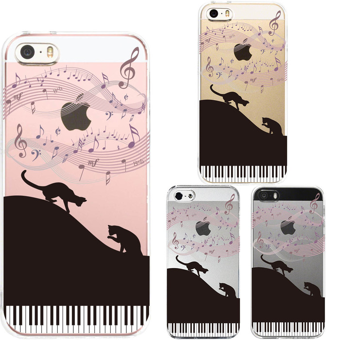 iPhone5 iPhone5s ケース クリア ピアノ シルエット猫 ブラック スマホケース ハード スマホケース ハード-0