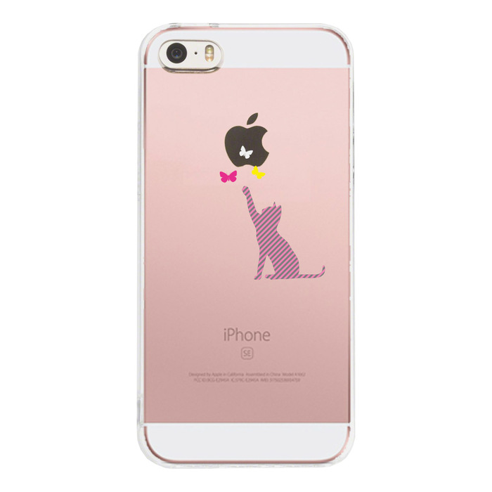 iPhone5 iPhone5s ケース クリア 猫と蝶々 ストライプ スマホケース ハード スマホケース ハード-1