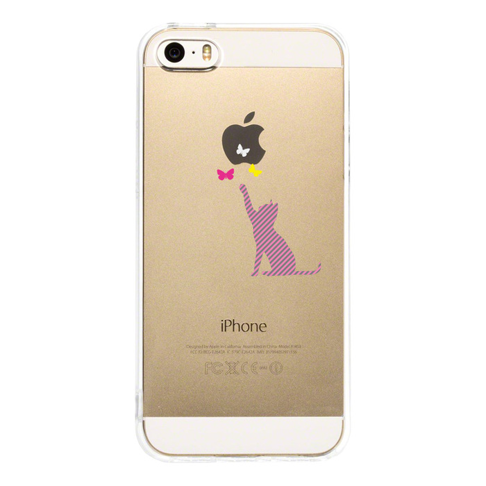 iPhone5 iPhone5s ケース クリア 猫と蝶々 ストライプ スマホケース ハード スマホケース ハード-2