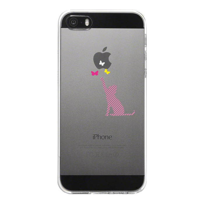 iPhone5 iPhone5s ケース クリア 猫と蝶々 ストライプ スマホケース ハード スマホケース ハード-4