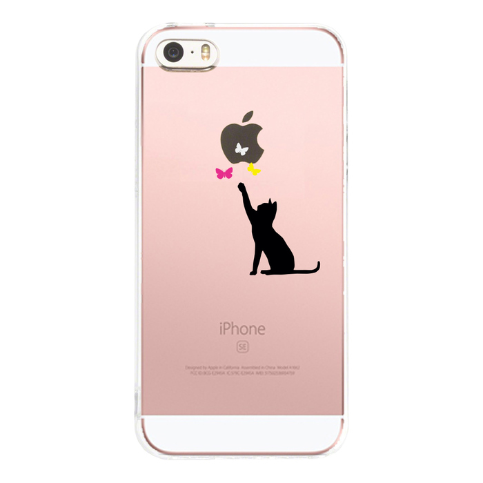 iPhone5 iPhone5s ケース クリア 貓と蝶々 ブラック スマホケース ハード スマホケース ハード-1